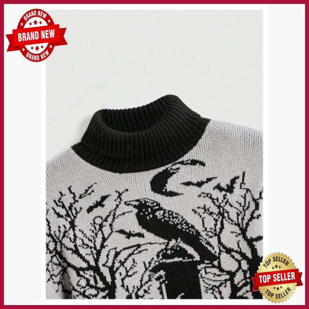 Graphic Turtleneck Sweater Cropped Pullover Long Sleeve Casual Trendy - Picture 3 of 4